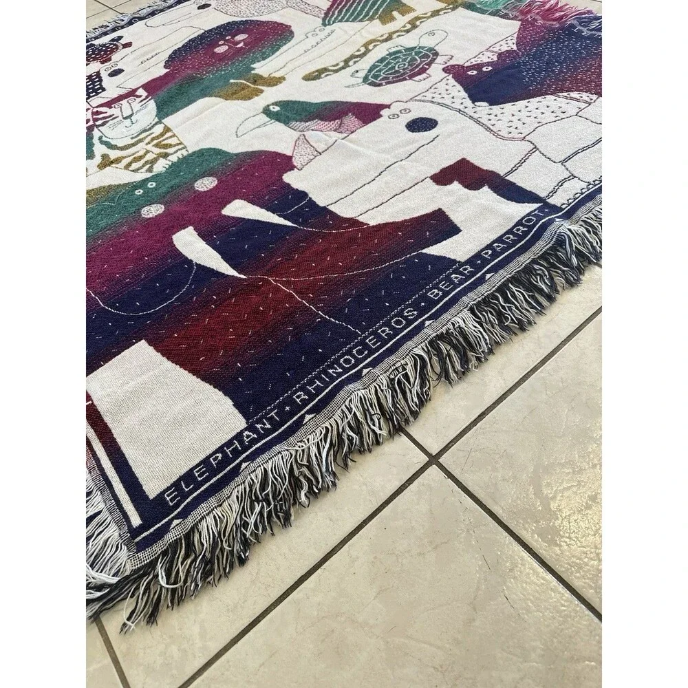 VTG Crown Crafts Woven Throw Blanket Tapestry Rainbow Endangered Species Animals
